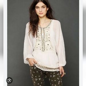 Free People Cream Embroidered Beaded Blouse